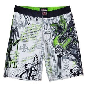 MMA ELITE Shorts Mens XL White Black Tribal Snake Kickboxing Ju Jitsu Training